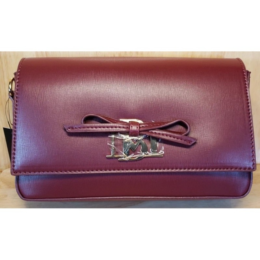 Badgley Mischka Burgundy Saffiano Faux Leather Bow Crossbody Flap Bag Gold Logo